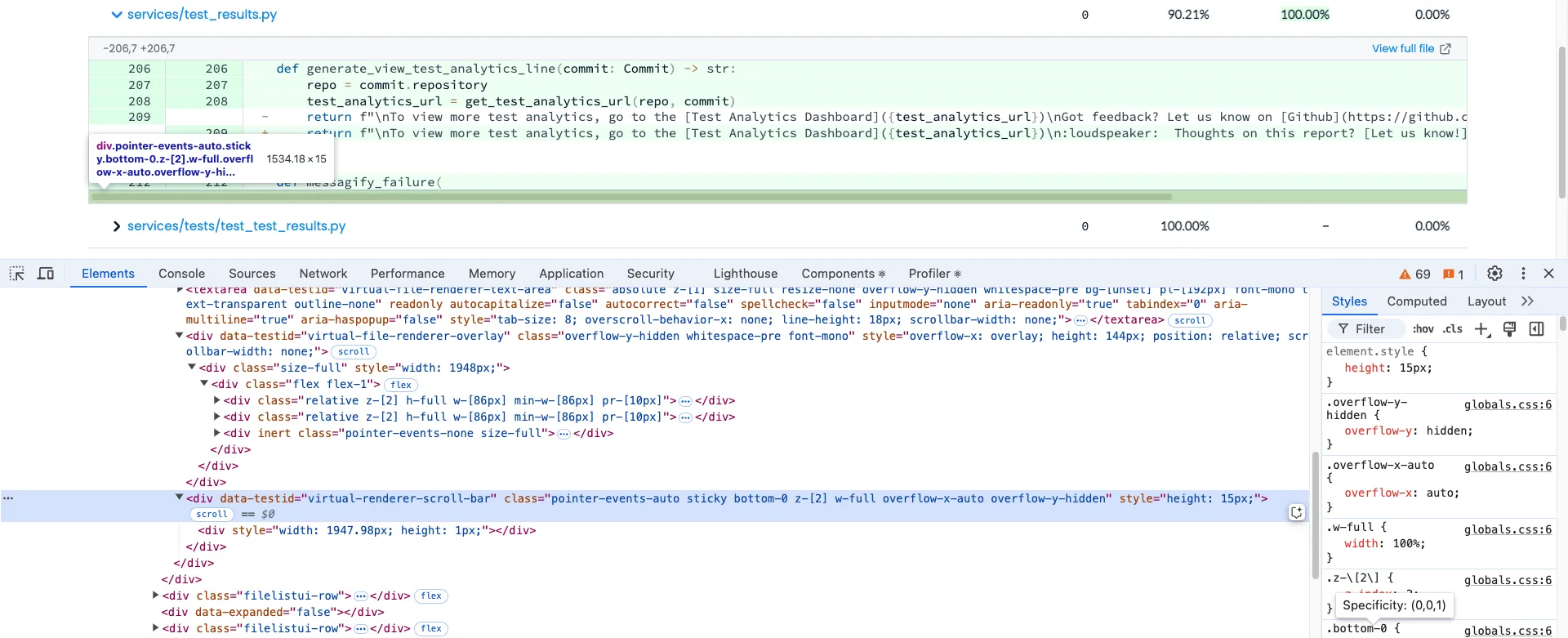 Browser dev tools highlighting how our custom scrollbar is added